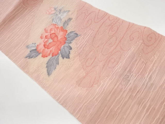 羅流水に地紙・牡丹模様織出し名古屋帯